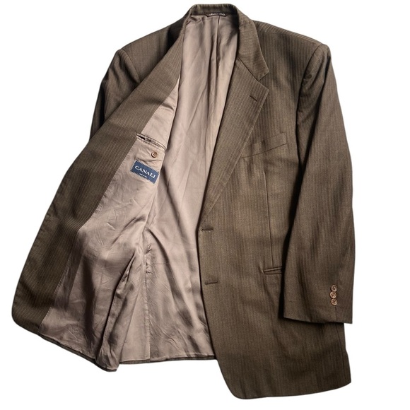 VINTAGE 90s CANALI LORO PIANA Men Blazer 110’s 56R Wool Brown Italy PINSTRIPES - Picture 2 of 12